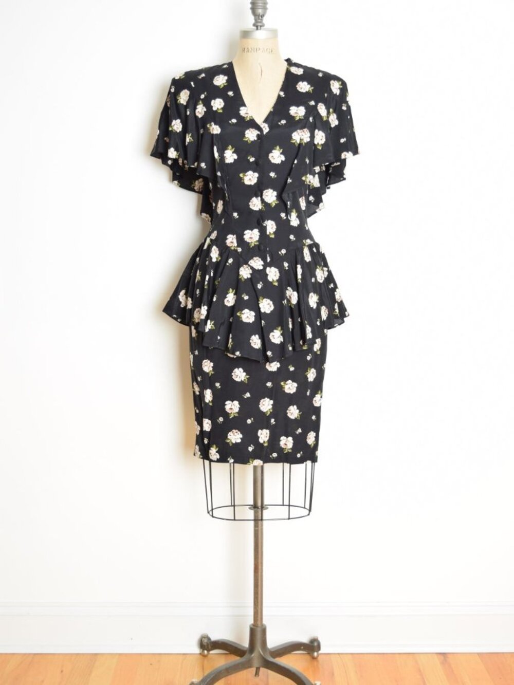 vintage 90s dress black pink cabbage roses floral print peplum draped ruffle S